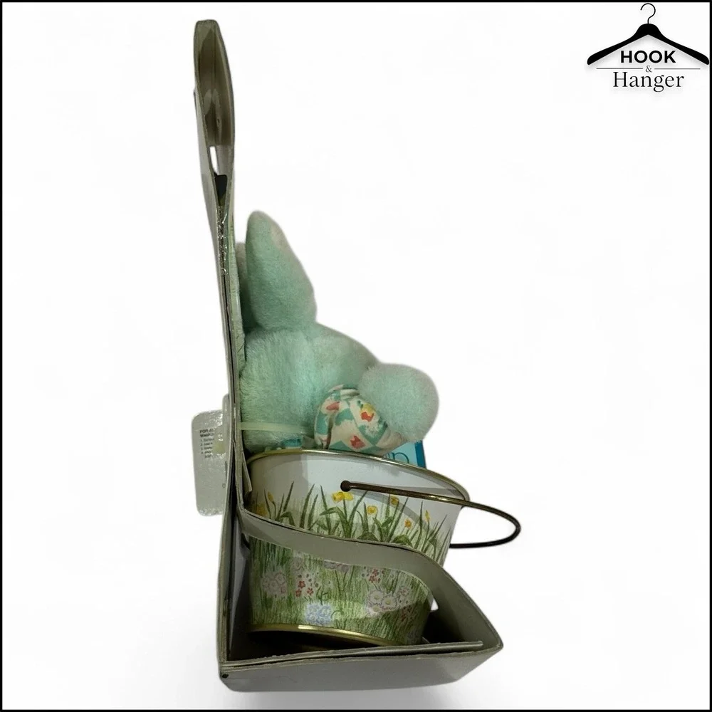 Vintage‎ Homespun Creations Easter Trinket Tin Bucket Lid Mint Green Bunny 90s
